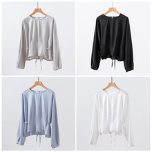 棉类混纺秋季新款女式系带衬衫四色可选轻薄压褶下摆绑带上衣批发