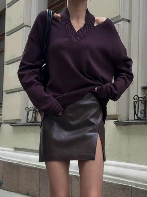 欧美跨境挂脖一字肩毛衣女2025秋季新款宽松慵懒风个性挂脖设计感|undefined
