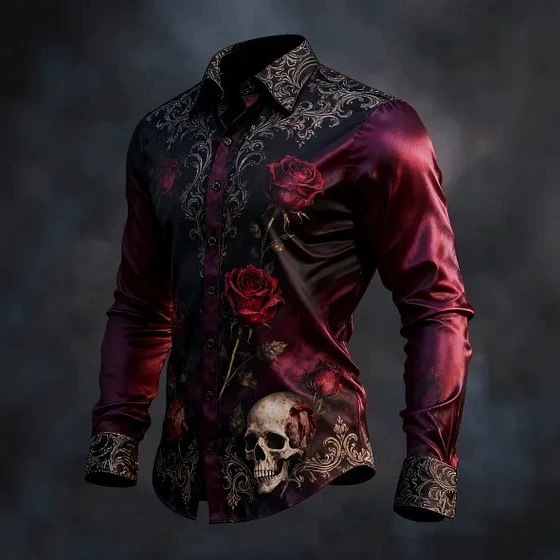Wine Red Gradient Rose Skull Pattern Long Sleeve Shirt for Men, Vintage Dark Glossy Shirt Wine Red Gradient Rose Skull Pattern Long Sleeve Shirt for Men, Vintage Dark Glossy Shirt