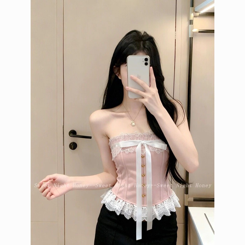 French-Style Lace Trim Bowknot Slim-Fit Tube Top with Waist-Cinching Short Top and Fitted Tank Top