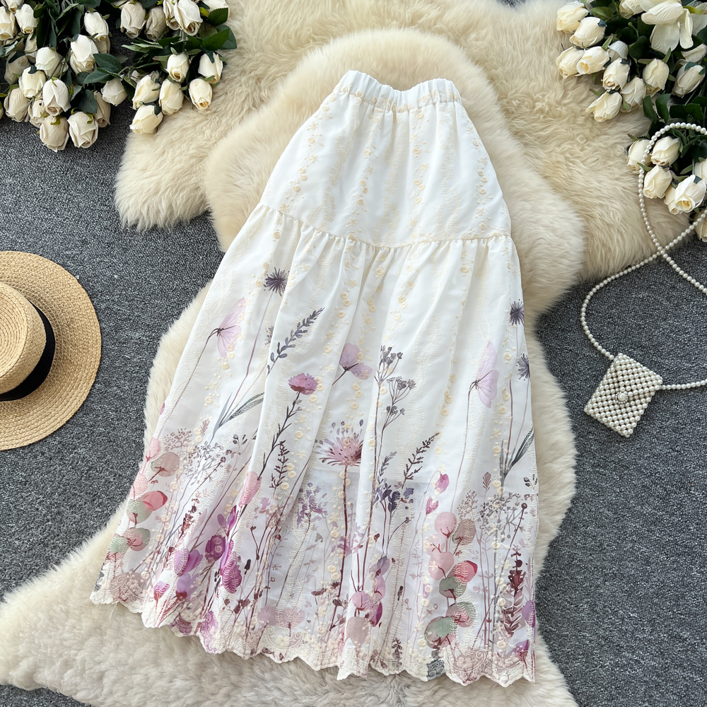 Women's French Sweet Style Floral Print Patchwork A-Line Midi Skirt High Waist Slimming mid Length Summer Fairy like Cake Skirt_ecoleips.com