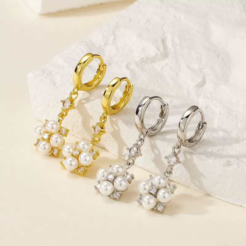 新款韩版流苏长款珍珠耳环女 镶嵌锆石花朵贝珠耳扣耳坠饰品批发