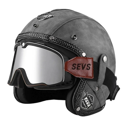 Riding 3/4 Half Helmet Safety — Motorcycle Safety Supplies - 555-leather-helmet-gray-large-frame-goggles-silver-mirror-s
