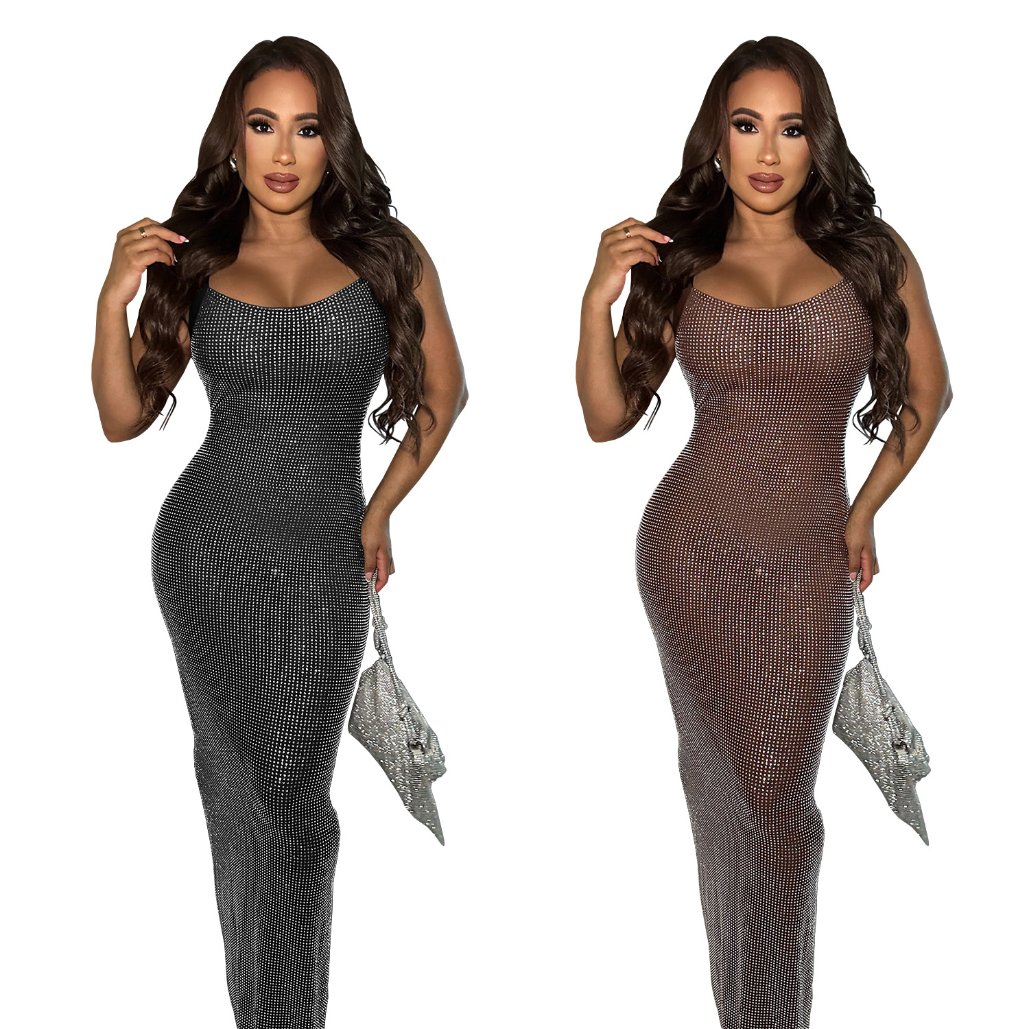 C7551 cross-border AliExpress Amazon Europa y América moda femenina sexy malla de diamantes brazo vestido de espalda abierta image 6