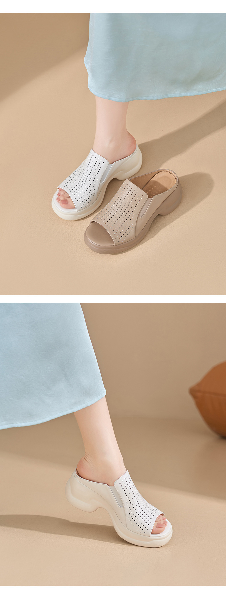 Dép sandal nữ da bò đục lỗ đế xuồng cao gót 9 cm — màu trắng ngà chi tiết 3