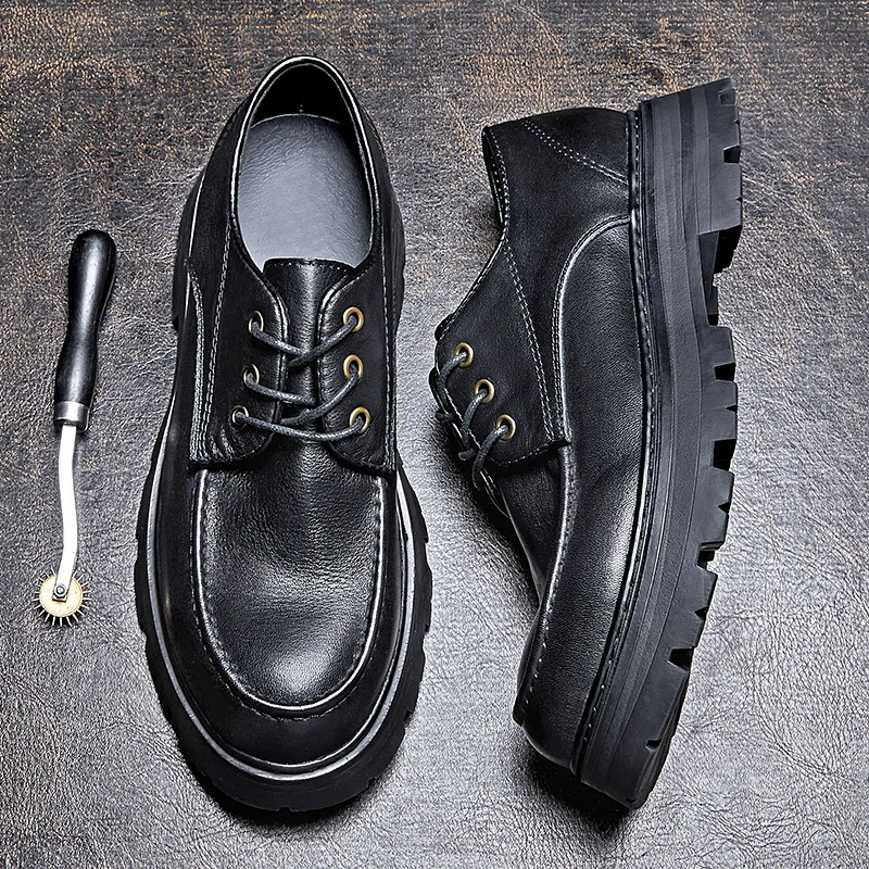 2023 Новая кожаная модная деловая повседневная кожаная обувь, Мужская обувь из воловьей кожи с верхним слоем, Высококачественная кожаная обувь на толстой подошве с круглым носком