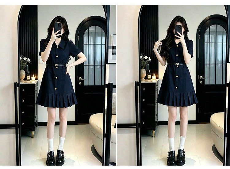Váy ngắn tay kiểu Pháp xếp nếp thắt eo chữ A — Màu xanh da trời (thắt lưng) chi tiết 3