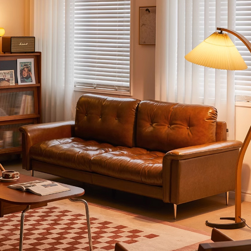复古风油蜡皮真皮沙发美式意式极简客厅小户型头层牛皮焦糖色沙发