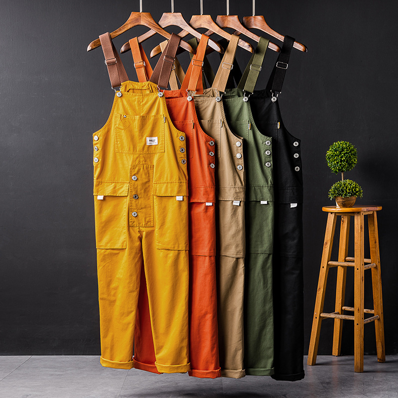 Japanese Style Vintage Multi-Pocket Overalls Jumpsuit Men's Trendy Brand Straight Loose Casual Trousers Men's and Women's Sling Suspender Pants