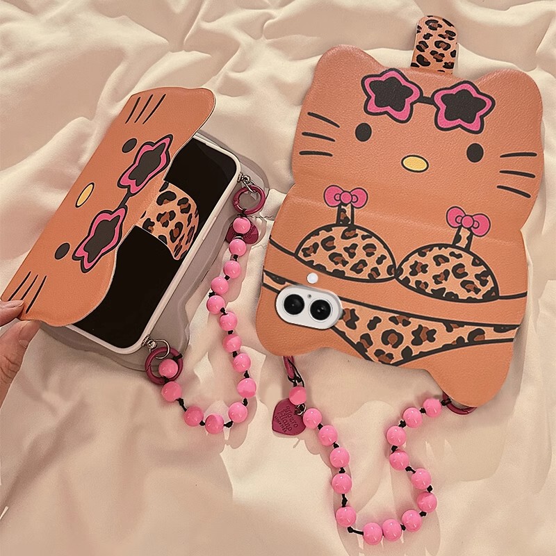 Japanese and Korean Leather Black Leather KT Cat Phone Case for Apple 16 14 Double Side 15promax Waterproof Stand Phone Case Japanese and Korean Leather Black Leather KT Cat Phone Case for Apple 16 14 Double Side 15promax Waterproof Stand Phone Case