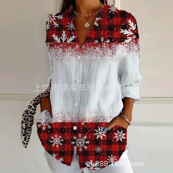 Independent website holiday style plaid snowflake color-block long-sleeve shirt, casual versatile turn-down collar cardigan, women's clothing wholesale Independent website holiday style plaid snowflake color-block long-sleeve shirt, casual versatile turn-down collar cardigan, women's clothing wholesale