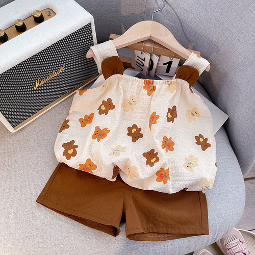 Korean style fashionable baby girl summer suit children's handsome and fashionable leopard print clothes shorts baby vest two-piece set