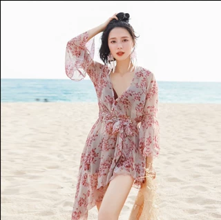 韩国新款泳衣女分体平角比基尼三件套罩衫显瘦小胸小香风大码泳装