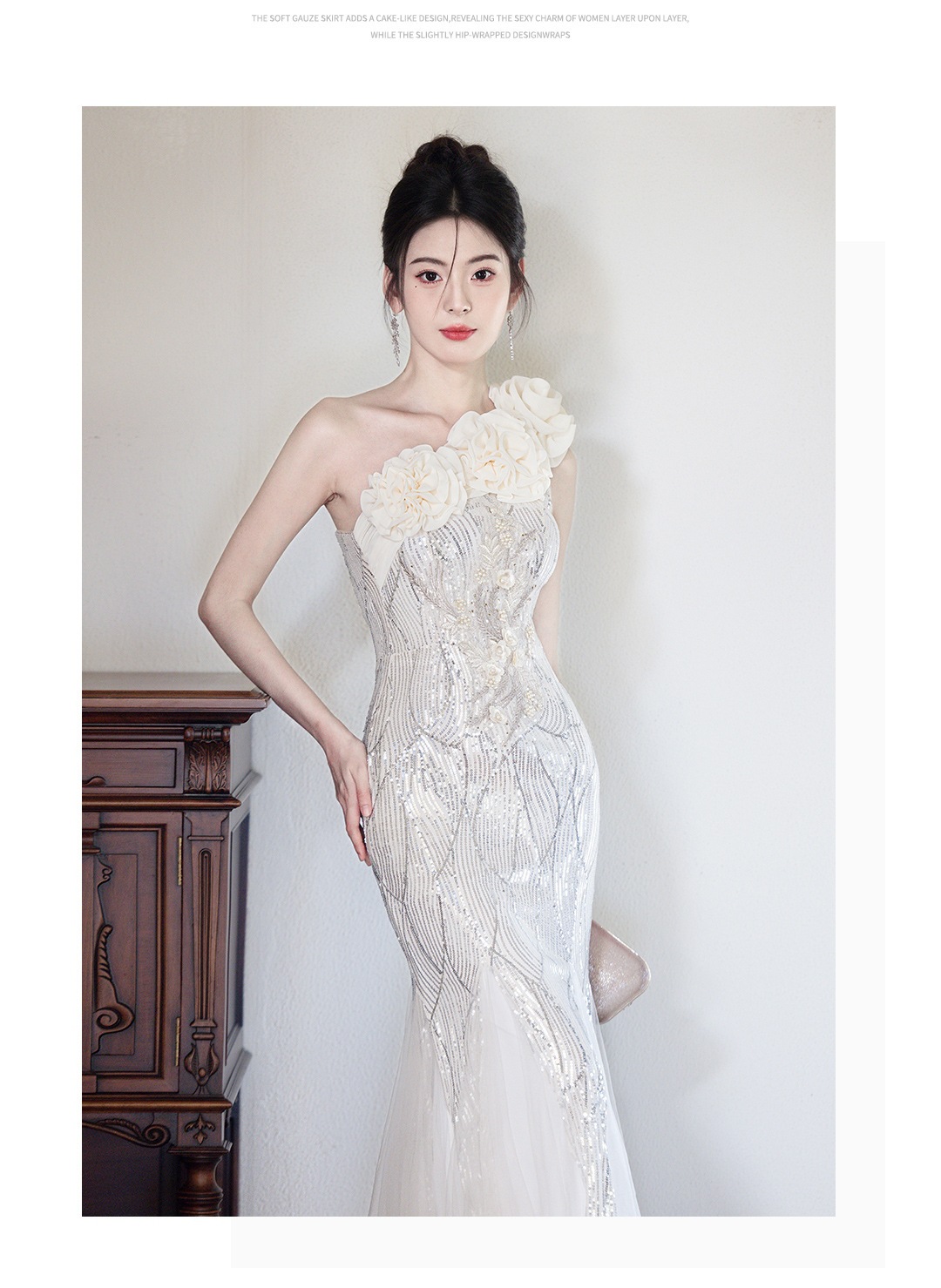 Luxury Mermaid Tail Evening Gown One Shoulder Niche Banquet Host Art Exam Temperament Singer Conductor Runway Show Costume Women's Wedding Party Wear_ecoleips.com