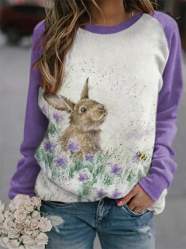 外贸跨境2022跨境欧美女装新款wish独立站兔子图案印花长袖卫衣t