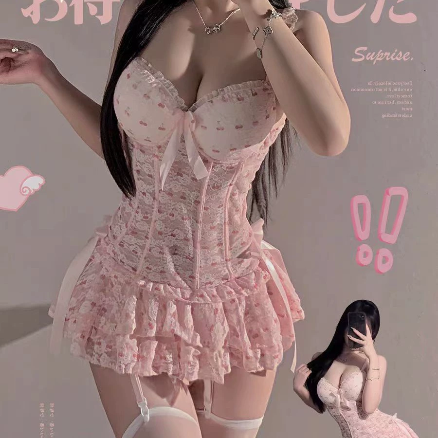 Сексуальное женское белье, французское легкое роскошное кружевное платье с вишенками, чистое желание, горячая девушка, розовый корсет на косточках.