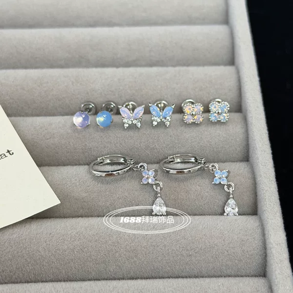 Protein Powder Blue Butterfly Four-Leaf Clover Titanium Steel Screw-On Ear Cartilage Stud Water Drop Pendant Ear Ring Piercing Jewelry for Women