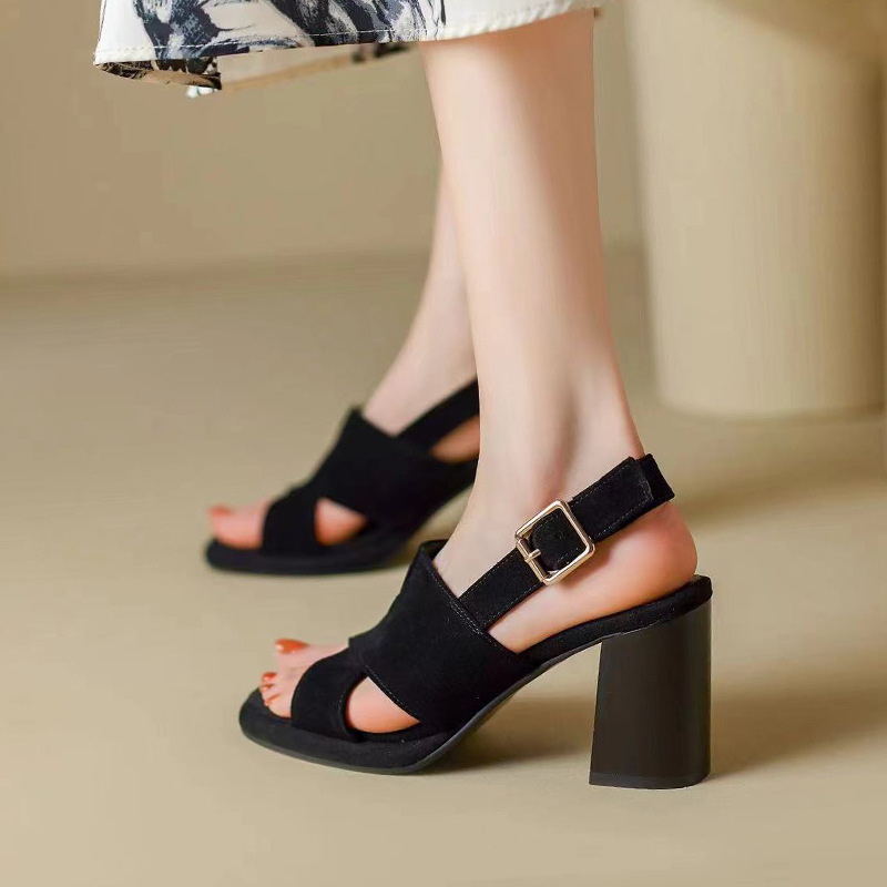Sandal cao gót da cừu nữ mũi hở gót 7 cm đế dày chống thấm — Màu đen gót 7cm