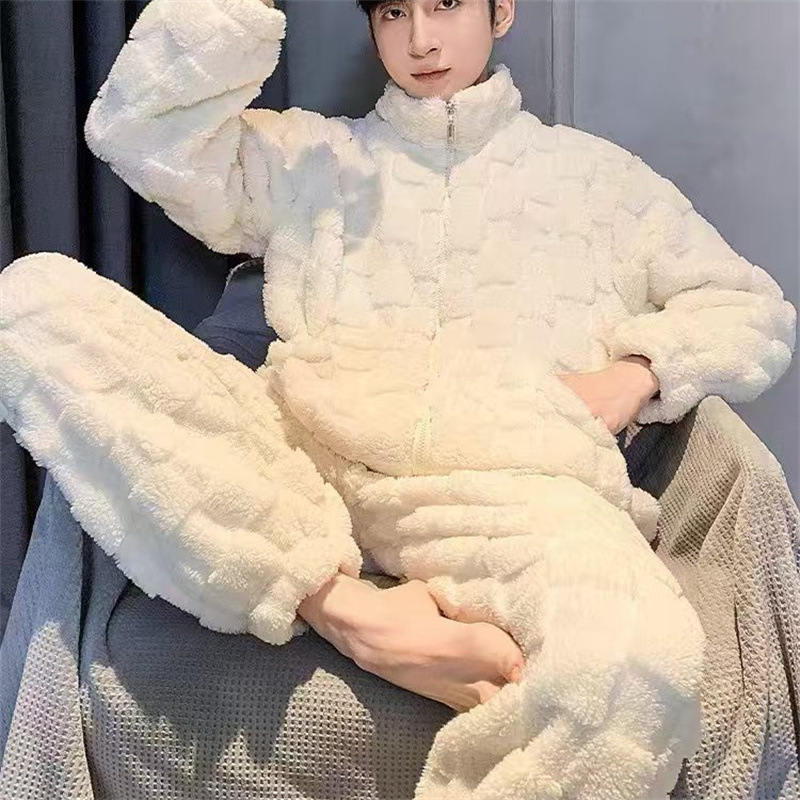 Invierno nuevo hombre coral camisa de pijama de terciopelo simple de color sólido ocio en vivo con ropa de hogar de terciopelo gruesa
