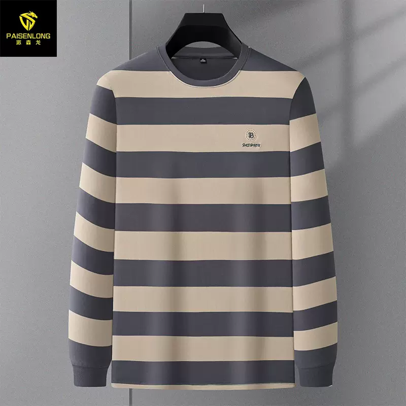 派森龙男士卫衣2025春秋新款条纹刺绣轻商务长袖男装中年男式T恤