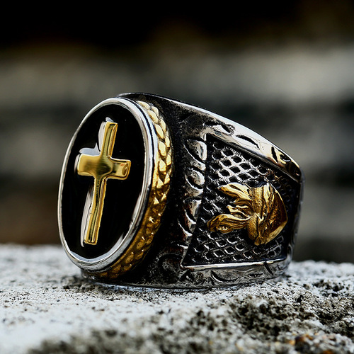 beier stainless steel casting praying hands gold ring new titanium steel cross glue ring wholesale