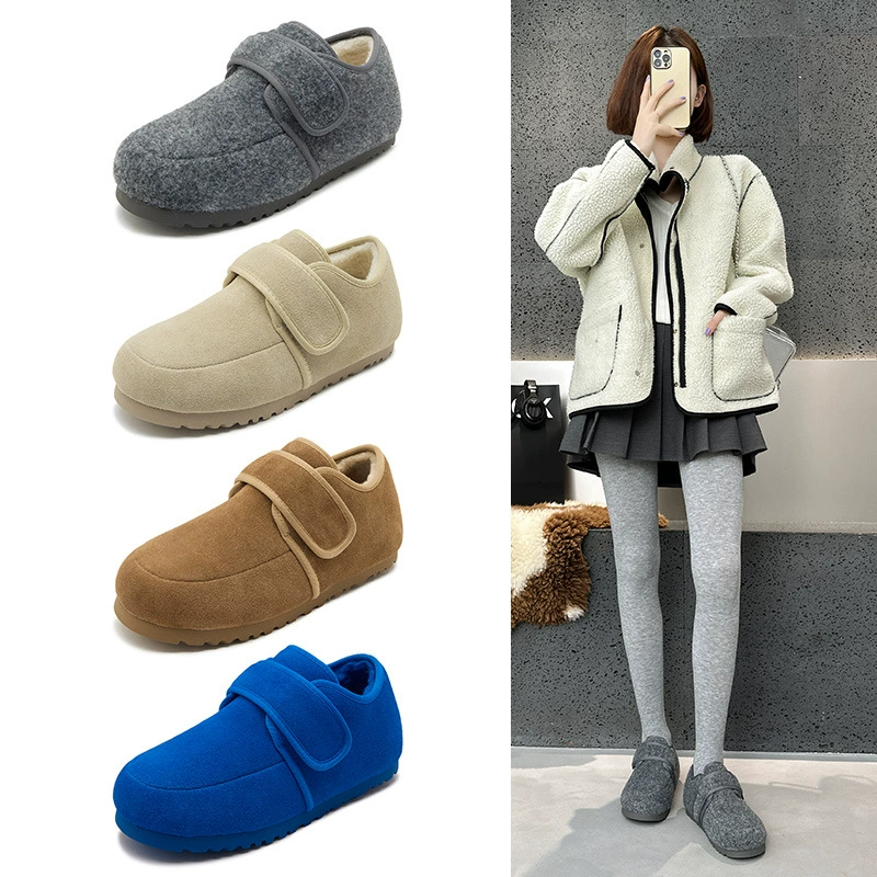 Кожаные хлопчатобумажные туфли женские зимние бархатные хлебные туфли 2024 новые меховые туфли увеличены внутри ботинки Birkenn ретро повседневные туфли