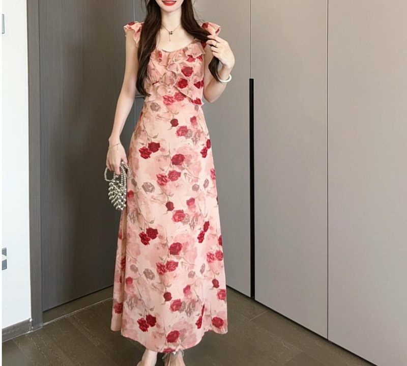 フレンチピンクの花柄サスペンダードレス女性の夏の2025新しいスタイルの美しい超見栄えの良い海辺の休暇ビーチロングドレス|undefined