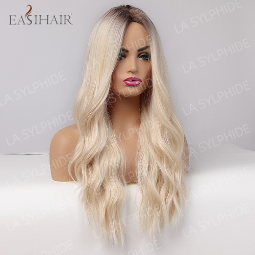 Cross-border European and American wigs for women, high-temperature silk hair, brown golden gradient, middle parting without bangs, big wavy hair