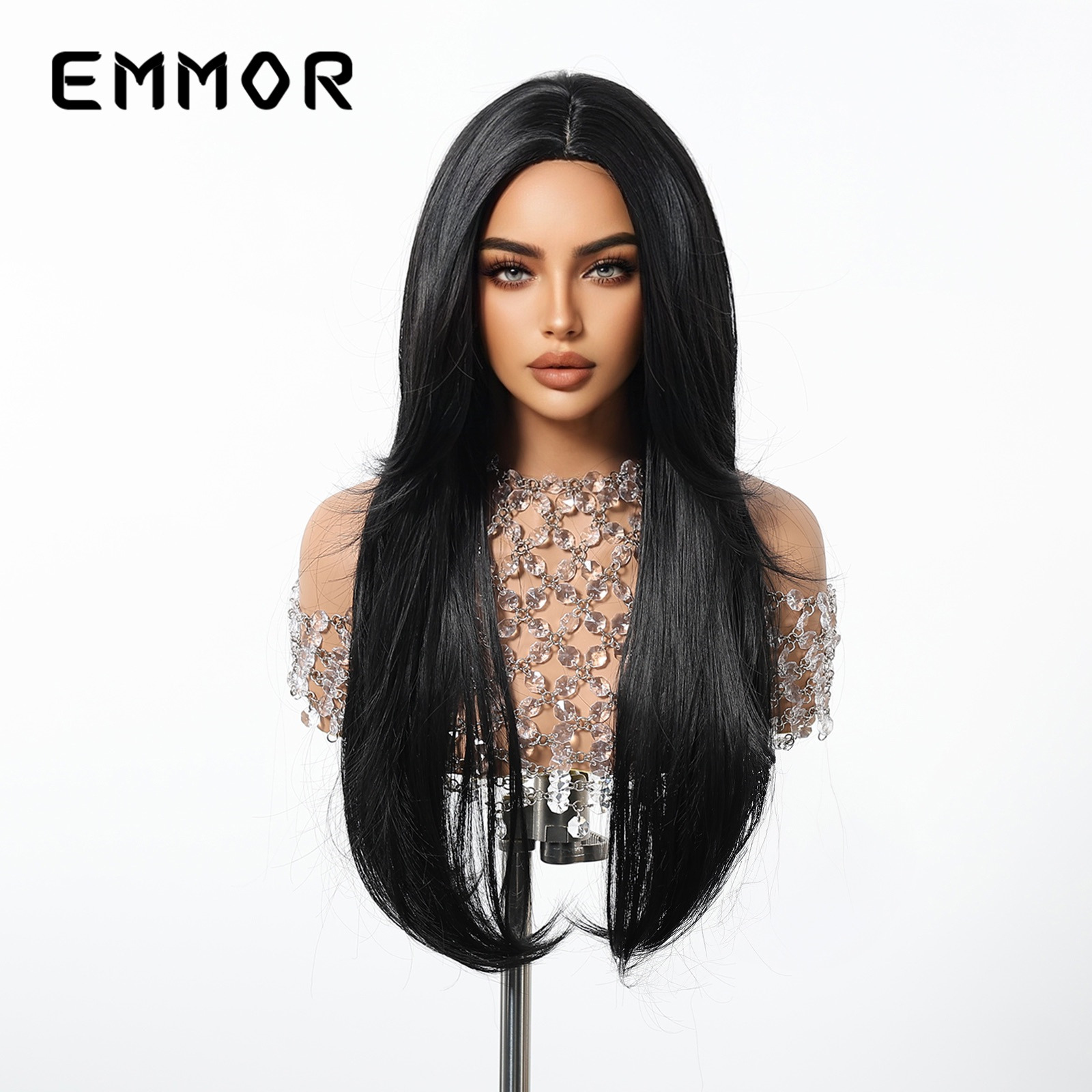 Peluca de venta caliente transfronteriza, cabello largo femenino, negro de alto nivel, temperamento de alto nivel, cabello lacio