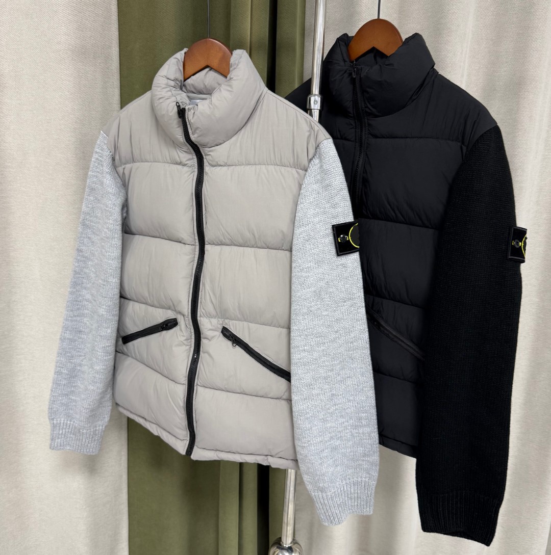 ST Cross-Border Stone Style Knitted Patchwork Long-Sleeved Cotton Jacket with Stand Collar and Horizontal Quilted Filling, Sleeve Badge and Logo Coat