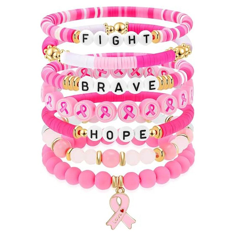 Women's Breast Awareness Encouragement Bracelet Pink Ribbon Stackable Bead Chain Jewelry Breast Awareness Inspirational Friendship Bracelet