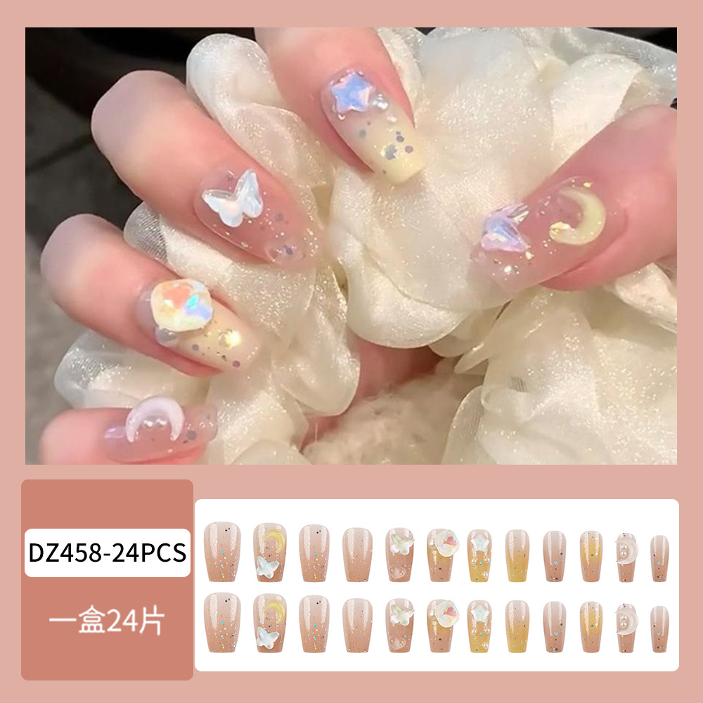 Color desnudo estrella y luna mariposa polvo brillante manicure amor perla puntos de diamante de sueño para usar uñas 24 piezas de parche de uñas falsas image 3