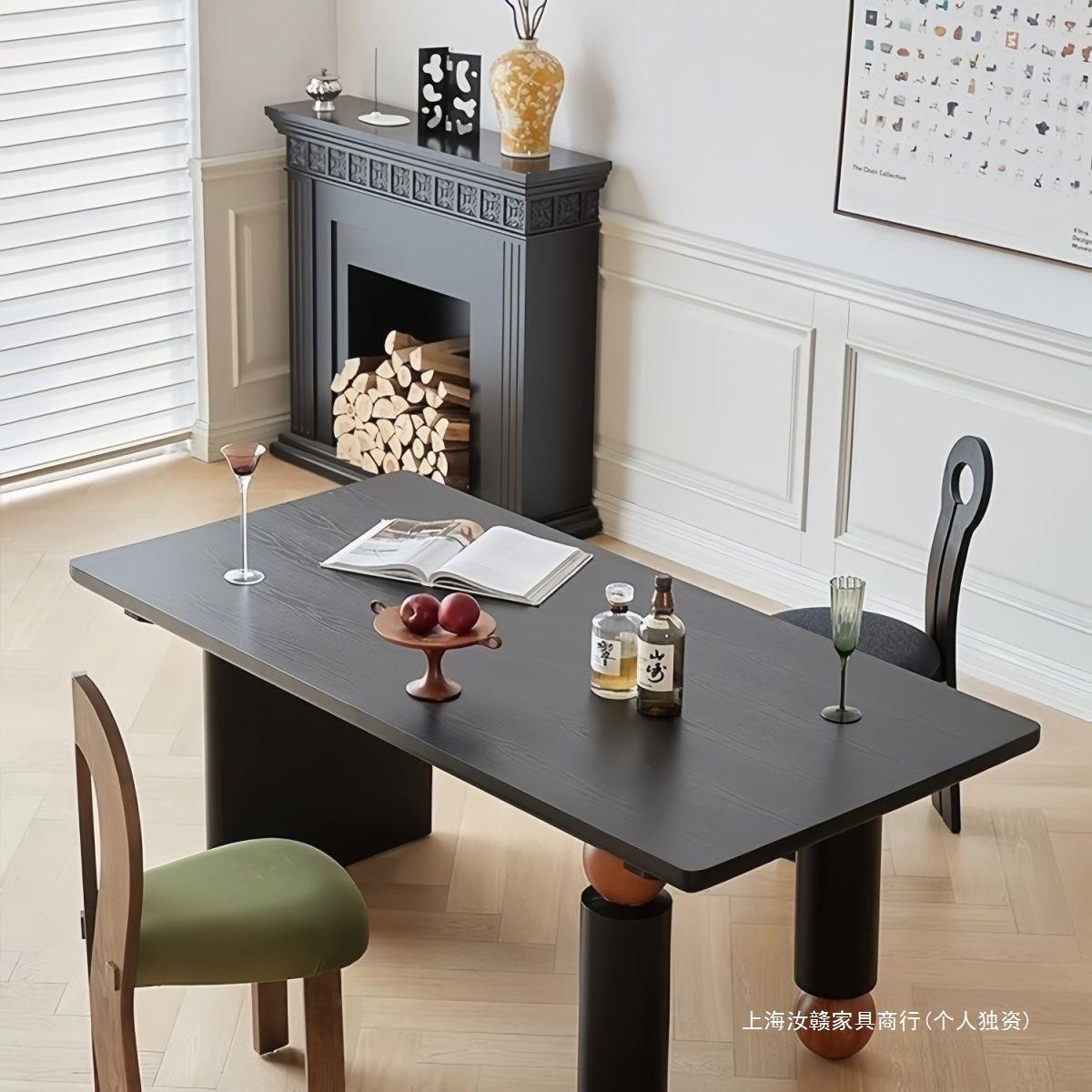 黑色法式复古长方形圆形餐桌北欧简约书桌创意咖啡桌办公桌侘寂风