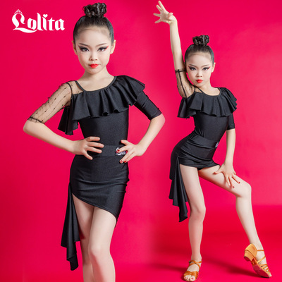 Girls children black ruffles short-sleeved latin dresses kids Latin dance clothes stage performance latin ballrom dance outfits for girls