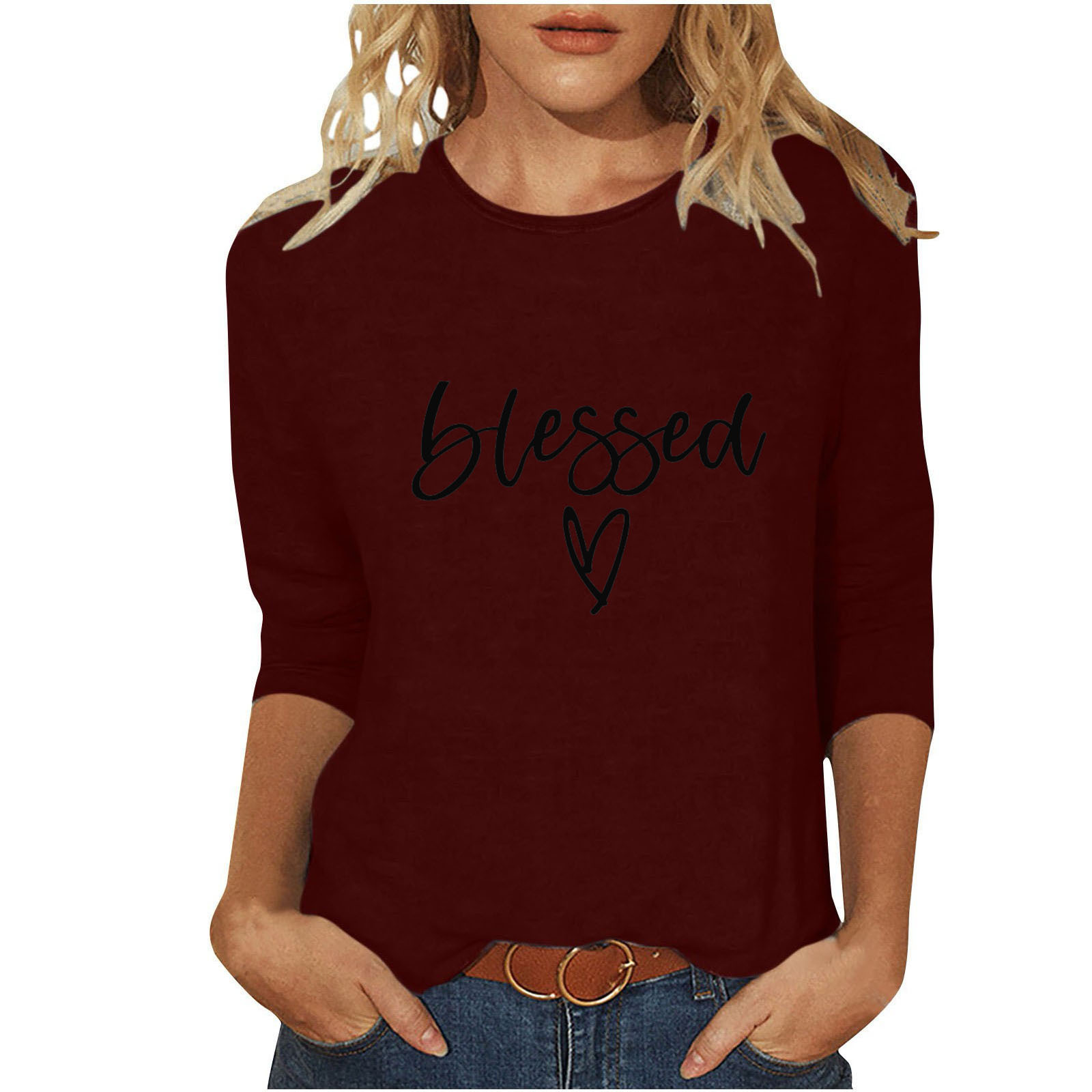 Women's T-shirt 3/4 Length Sleeve T-shirts Casual Basic Letter Heart Shape display picture 39