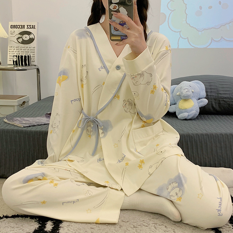산후복 봄가을 통기성 땀흡수 A급 순면 산후 수유 잠옷 10-3개월 투피스 세트 산모용