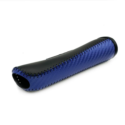 Hand-Stitched Brake Lever Decorative — Sürətlər qutusu və əl tormozu başlıqları - blue-carbon-fiber-pattern-black-leather-blue-thread