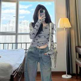长袖防晒T恤女2025秋春季灰色蝴蝶结正肩印花别致辣妹短款上衣