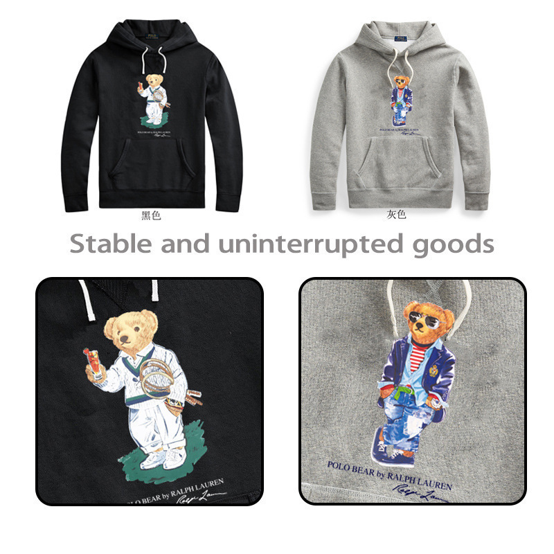 High-Quality Autumn and Winter Printed Bear-Patterned Men's Hooded Sweatshirt, Youth Loose-Fit Jacket, Thick Fleece, Light Luxury Style