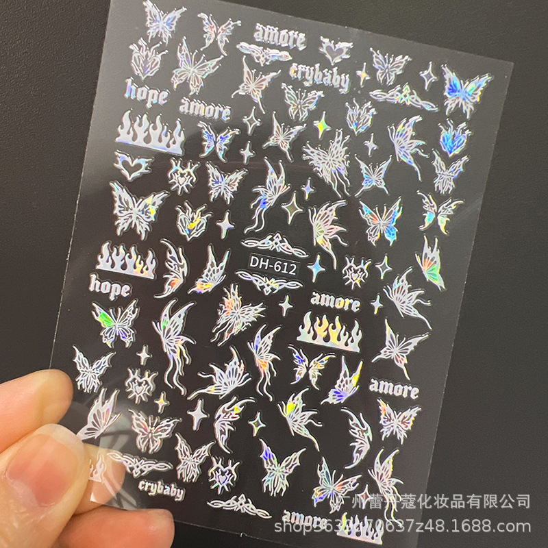 Pegatinas de uñas populares elegantes pétalos blancos semitransparentes mariposa fragmentos de vidrio de Aurora de colores con pegatinas adhesivas para uñas