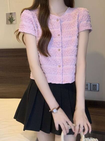 Summer thin slim-fit round neck short top for women Korean style sweet slimming slim fit fresh short sleeve cardigan for women