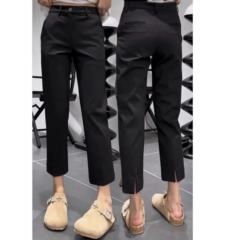 Summer 2024 Thin plus size Women's Stretch Back Split Cropped Straight Casual Pants Slimming Black Pipe Pants