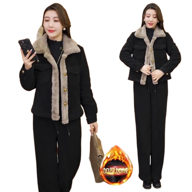 灯芯绒加绒加厚套装女2025新款秋冬时尚直筒裤休闲保暖两件套|undefined