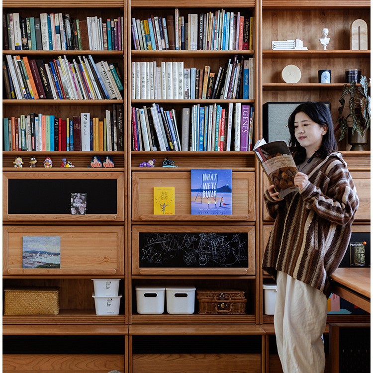 Spring Rattan Bookcase Cherry Wood to Living Room Combination Card Seat Bookcase Integrated Whole Wall Study Solid Wood Locker Simple