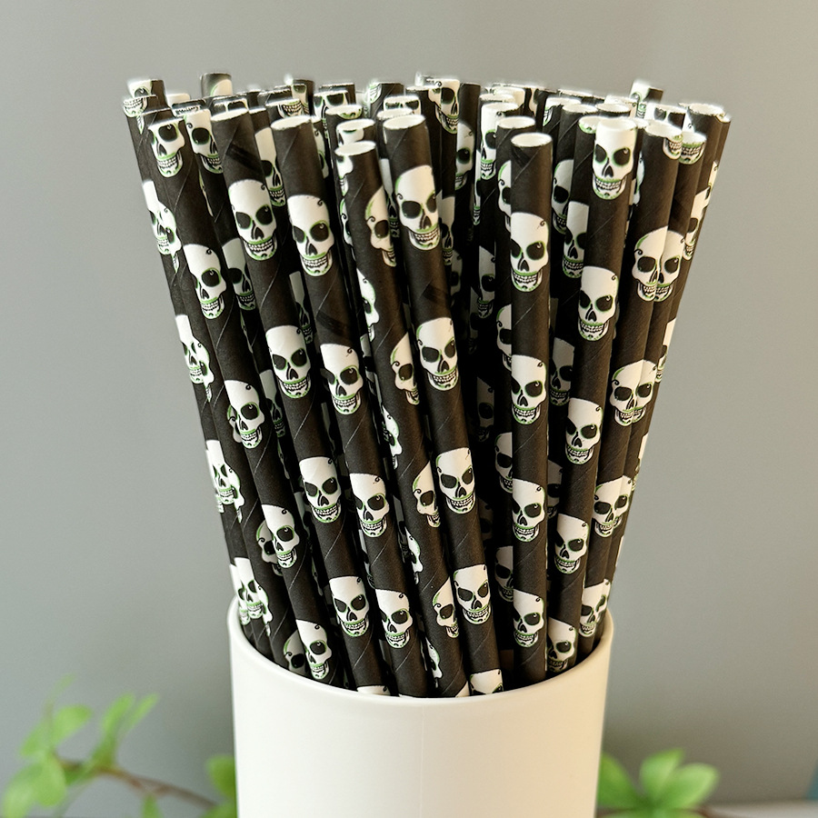 Una gran cantidad de pajitas de papel desechables al por mayor, pajitas de papel de Halloween, pajitas de papel degradables, calavera, calabaza