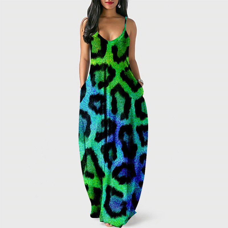 New summer leopard print suspender long dress, creative loose-fitting waist, digital print, stylish street dress
