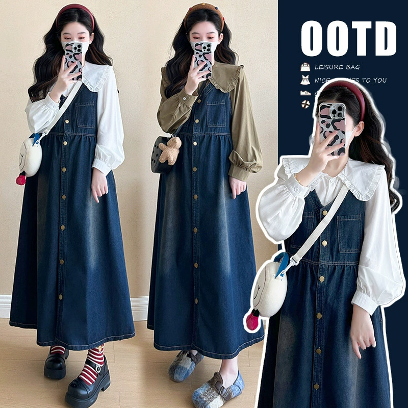 Осеннее платье для беременных 2024 новый большой размер весна осень осень джинсовая юбка топ модный набор осень зима длинные рукава