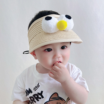 寶寶帽子夏季可愛超萌大眼睛空頂帽嬰幼兒童草帽男遮陽防曬女鴨舌
