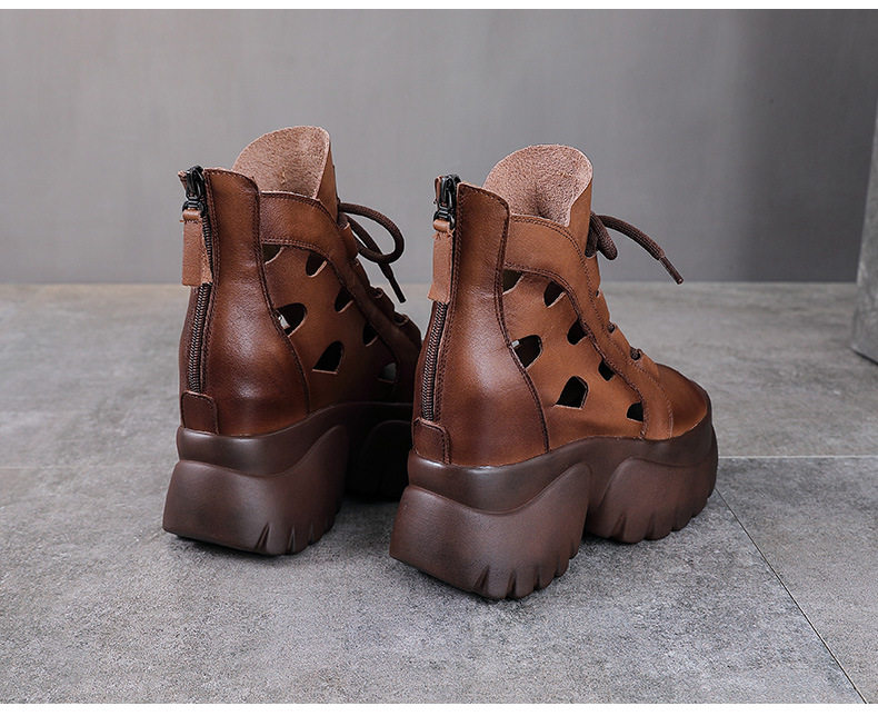 Boot nữ cổ thấp miệng cá đế dày gót 9 cm da thật — Màu đen chi tiết 15