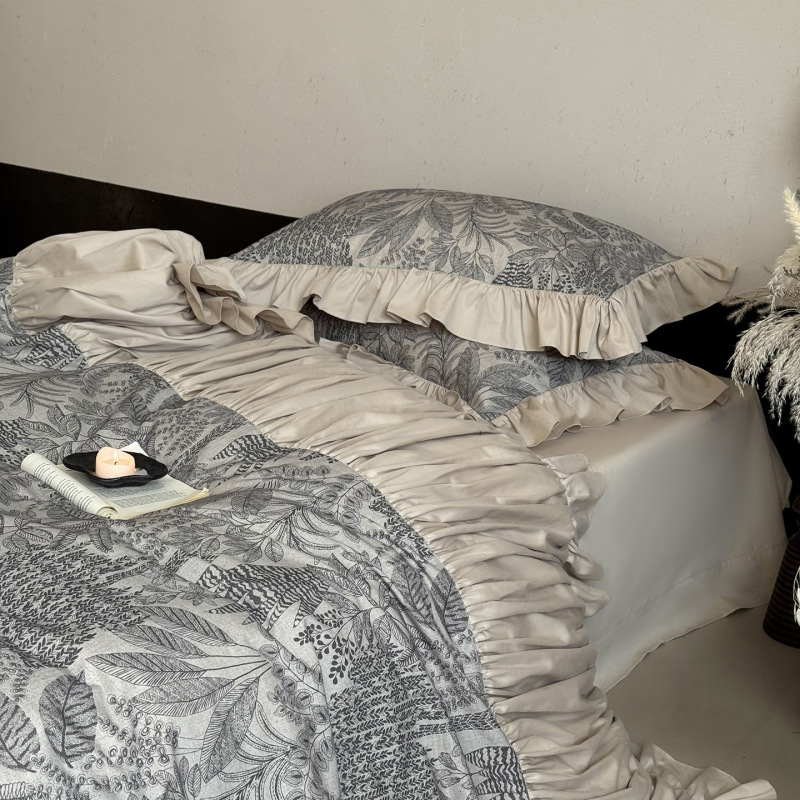 法式轻奢棉麻四件套公主风贡缎磨毛床上用品花边秋冬加厚被套床单|undefined
